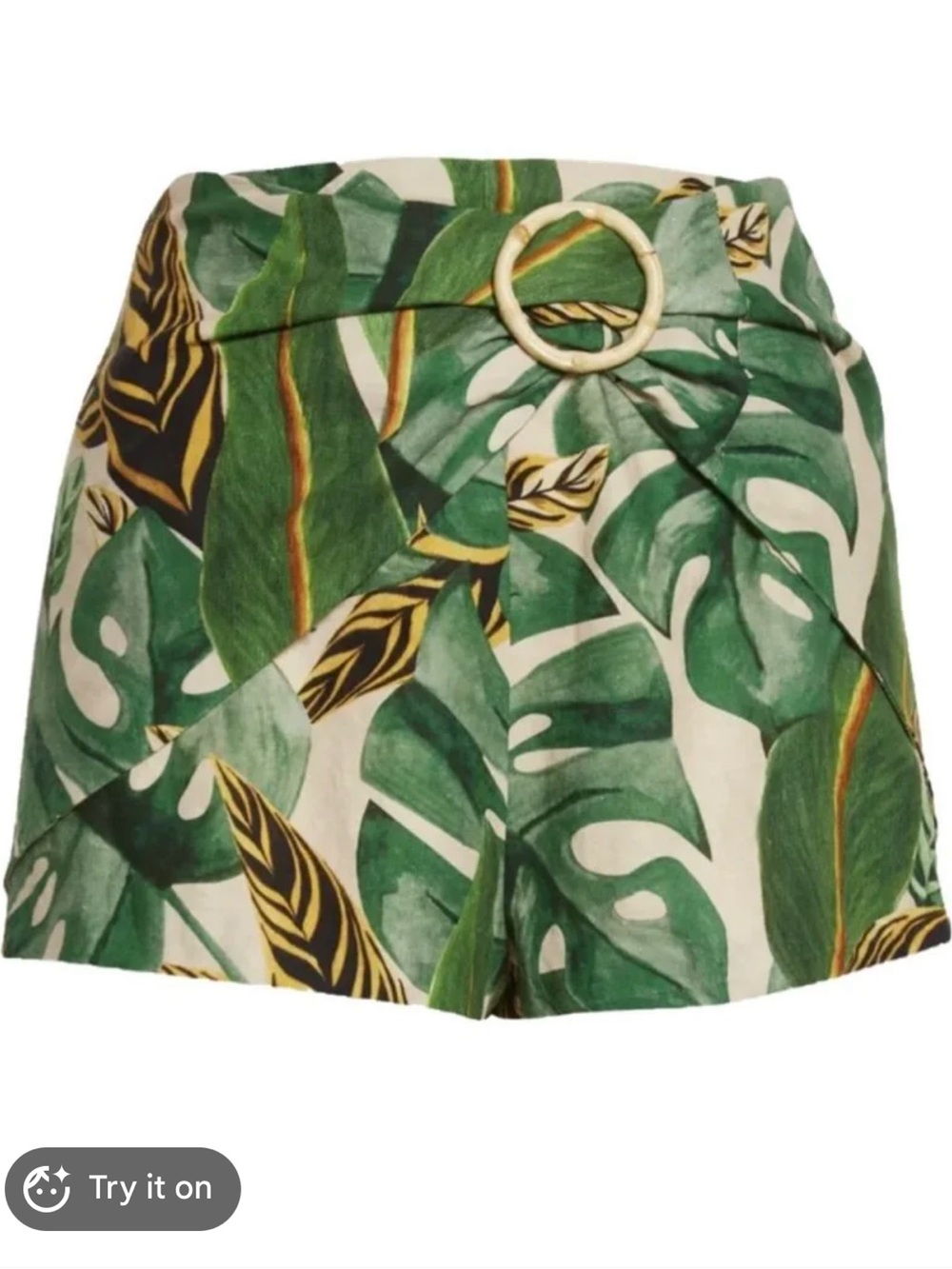 Green Tropical Print High-Waist Shorts with Belt